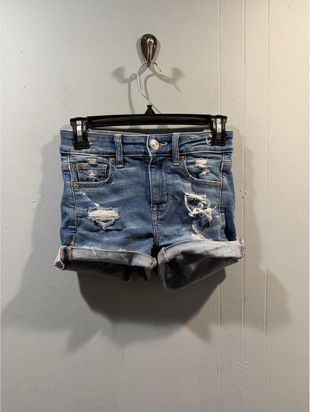 Womens American Eagle Shorts Size US 000 Blue Distressed Super Stretch